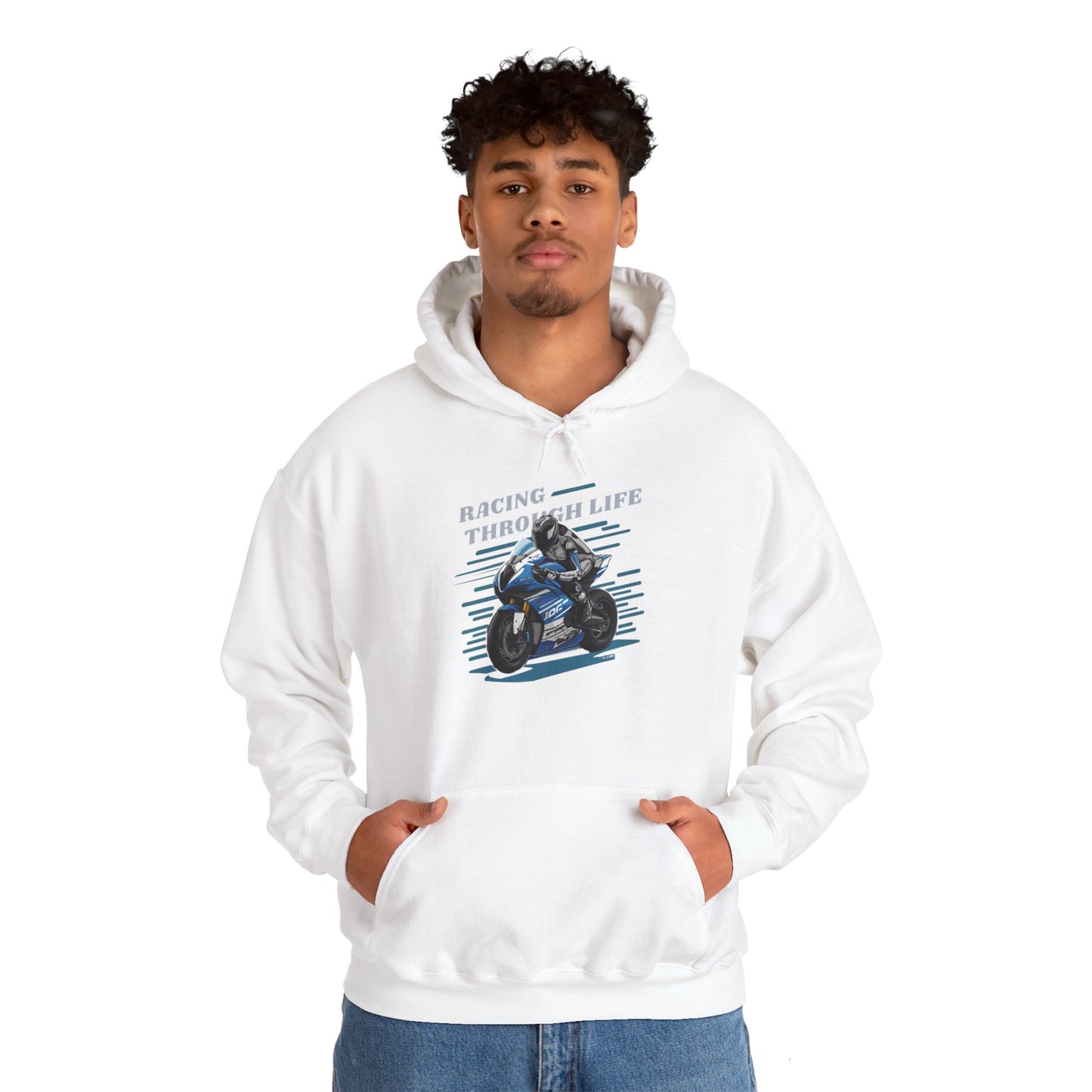 "Racing Through Life" Straight text hoodie sweatshirt